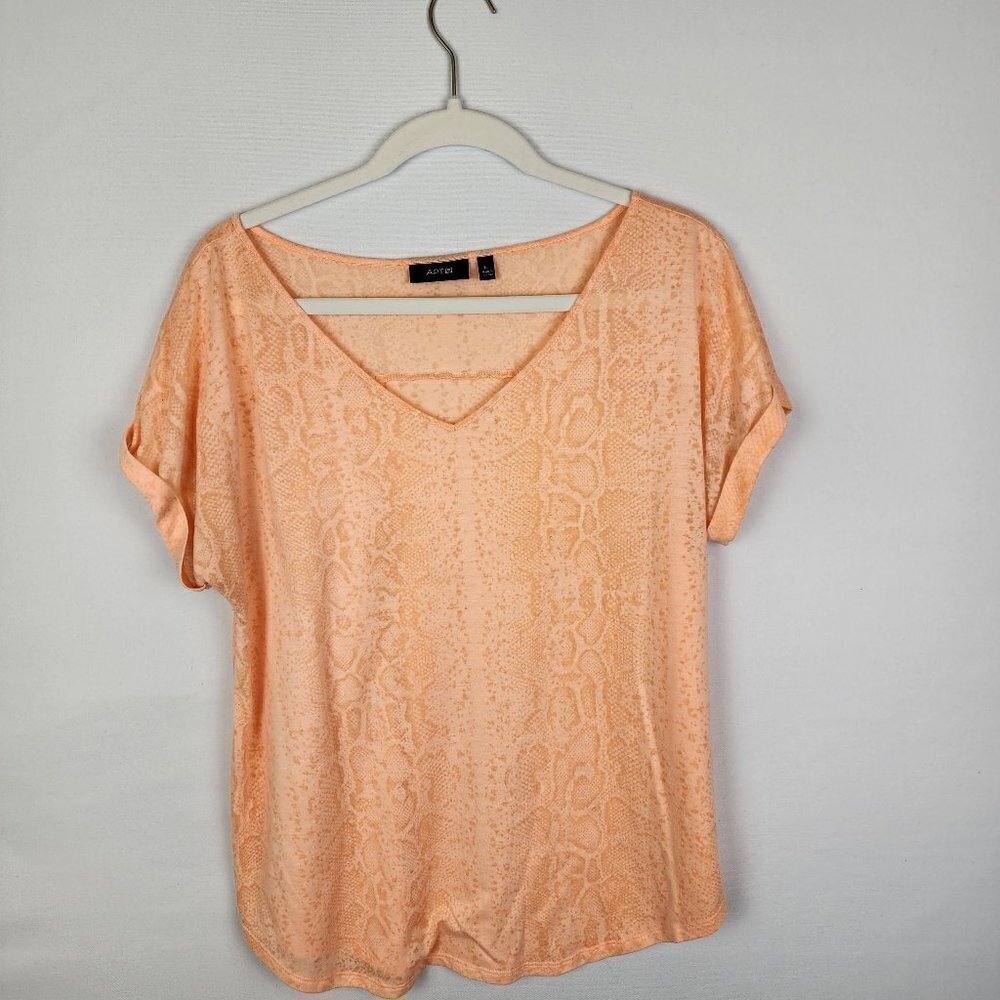 Apt 9 Women Peach Snakeskin Print V-Neck Short Sleeve Blouse Top Large